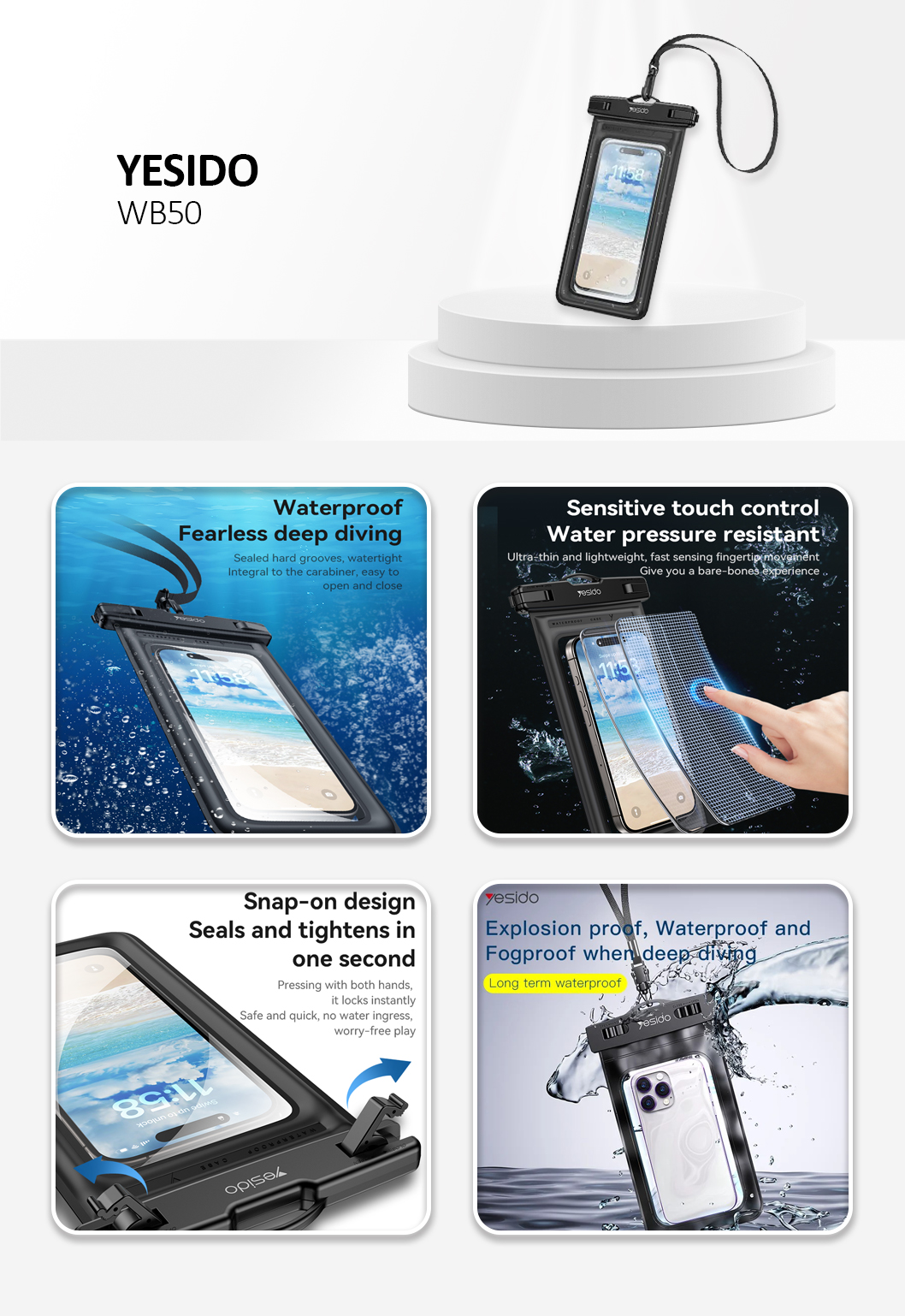 Yesido WB50 Portable Waterproof Phone Case With Lanyard Black