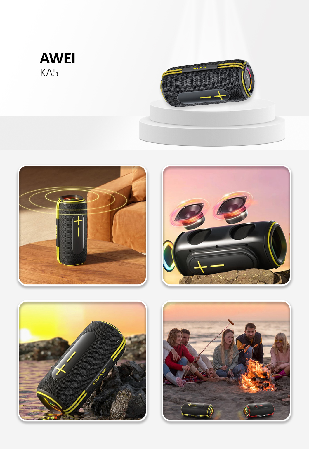 Awei KA5 IPX5 Waterproof TWS Subwoofer Portable Outdoor Bluetooth-compatible Speaker - Black+Yellow