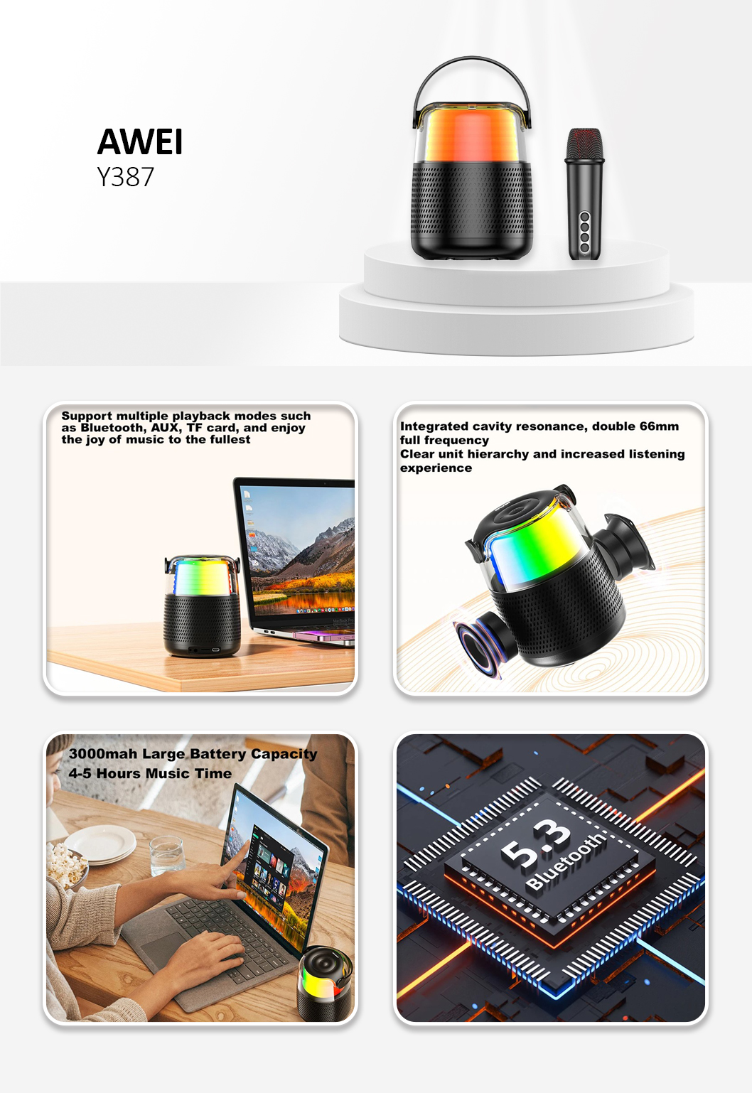 Awei Y387 Karaoke Machine with Microphone Portable RGB Bluetooth-Compatible Speaker Black