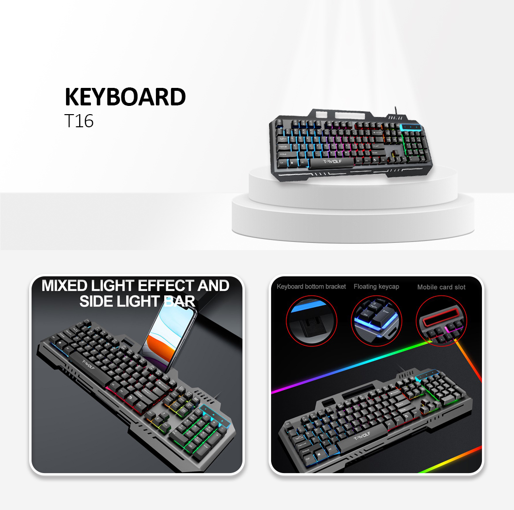 T-WOLF T16 Backlit Wired 104-Key Gaming Keyboard Ambient Light Gaming Keyboard Black