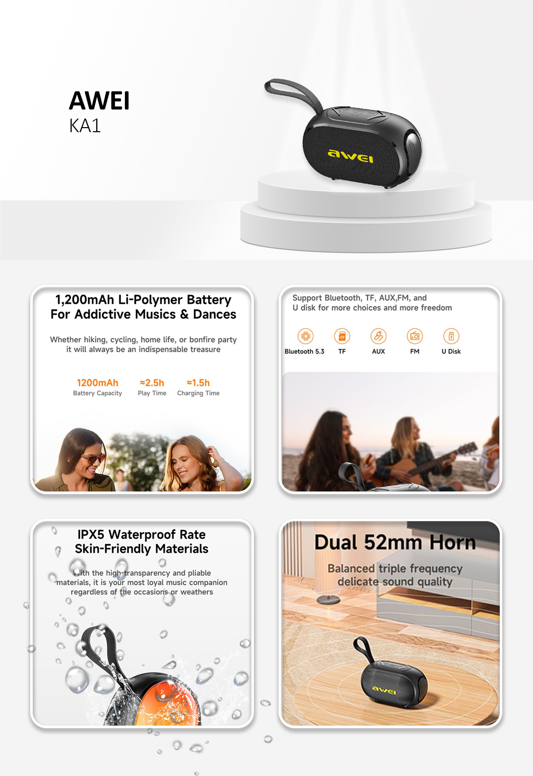 Awei AK1 Bluetooth-compatible Speaker 5W Small Portable Wireless Outdoor Speaker with RGB Lights Black