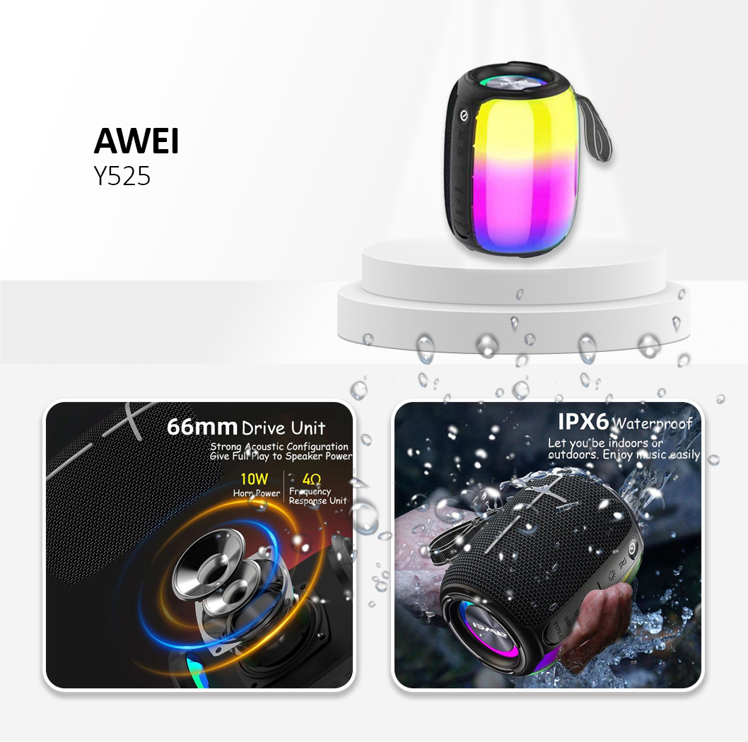 Awei Y525 Bluetooth-compatible 5.3 Speaker IPX6 Waterproof TWS HiFi Wireless Speaker with RGB Light Black