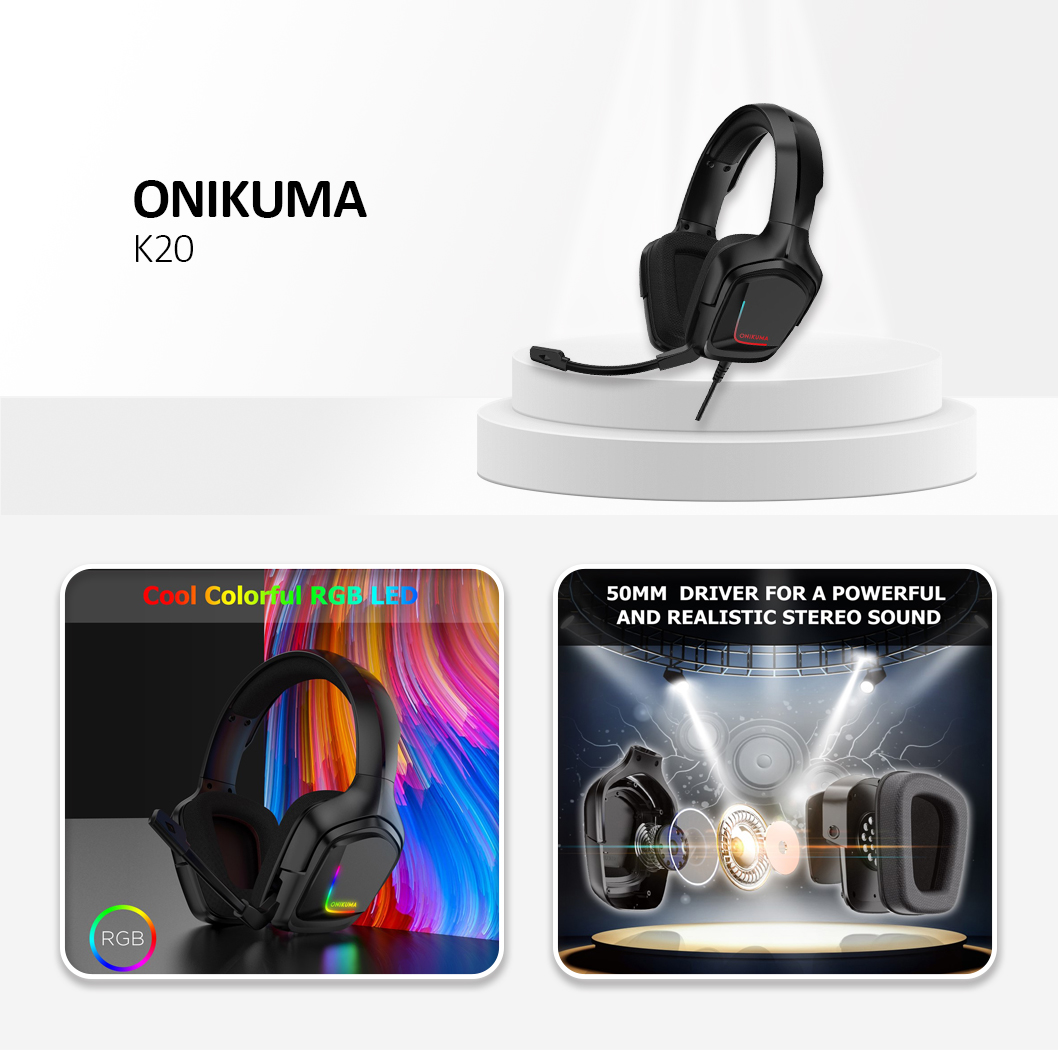 Onikuma K20 Stereo Gaming Headset Over Ear Headphones with Microphone - Black