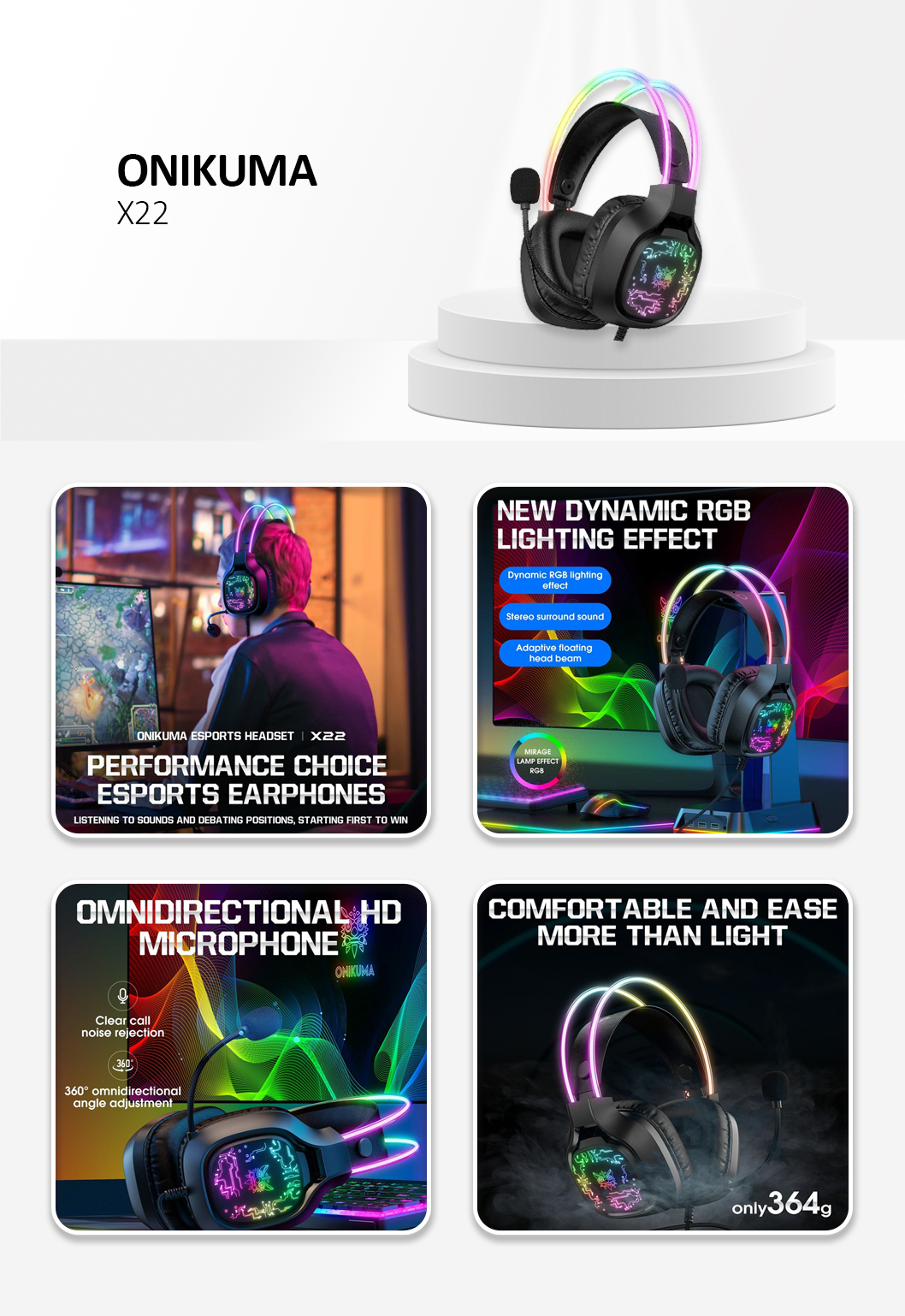 Onikuma X22 Over-Ear RGB Gaming Headset with Noise-Canceling Microphone - Black