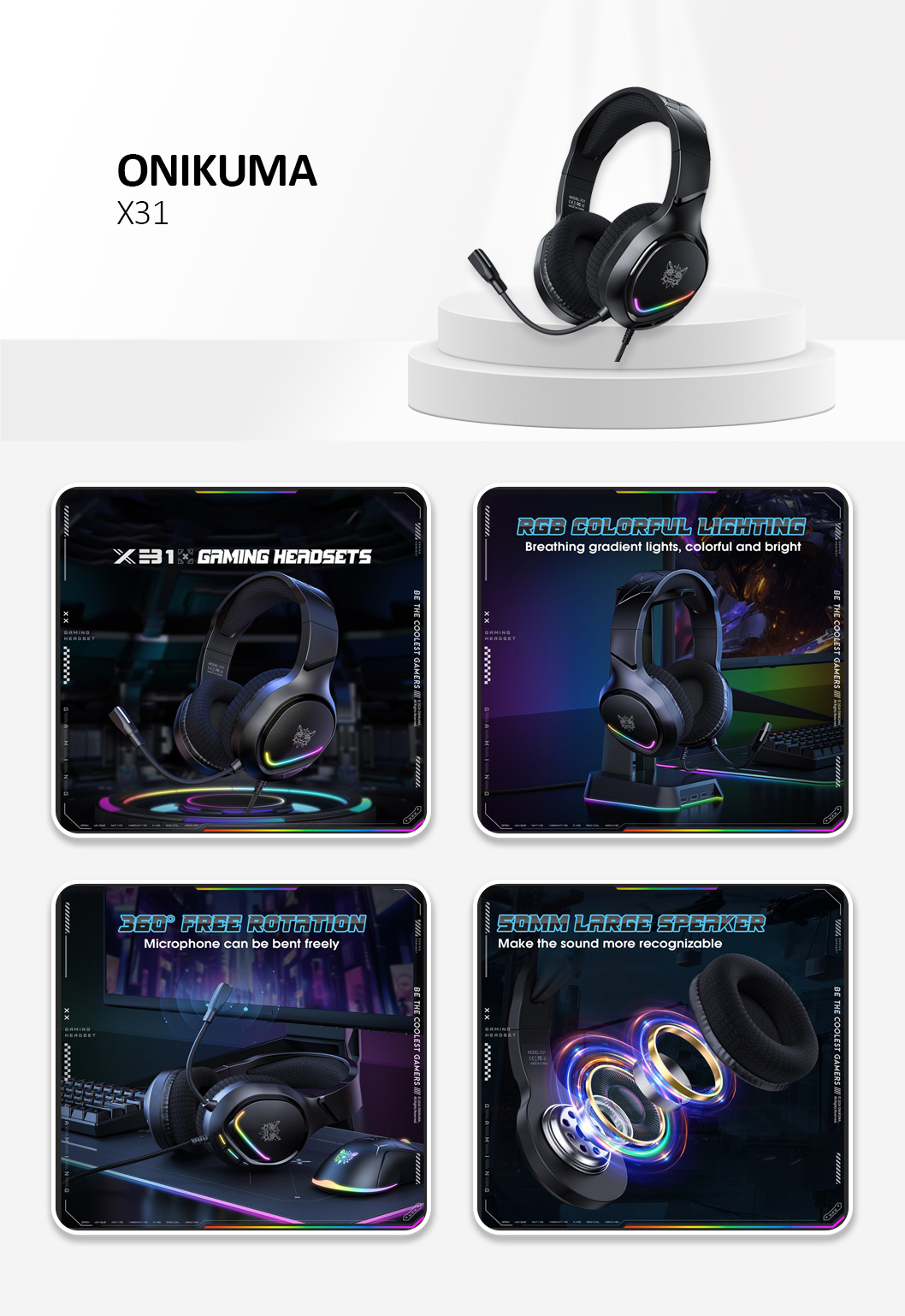Onikuma X31 PC Gaming Headset LED Lighting Wired Over Ear Headphones with Microphone - Black