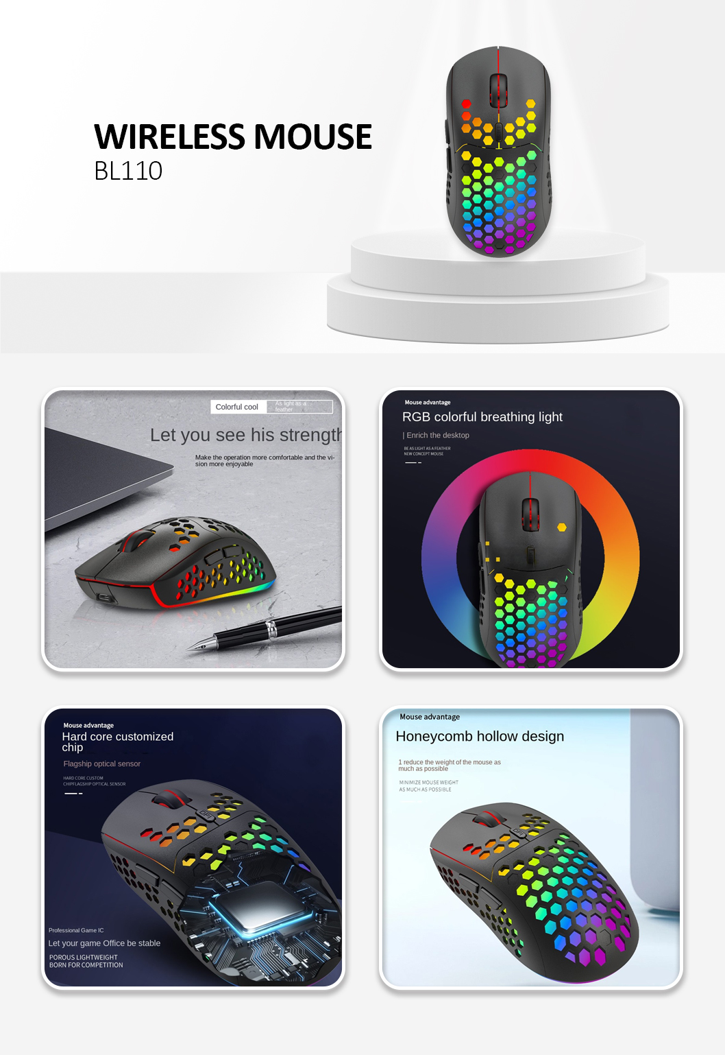 Heitieniu BL110 2.4G Wireless Mouse 3200DPI Honeycomb Hollow Optical Mouse with RGB Light for PC, Laptop - Black