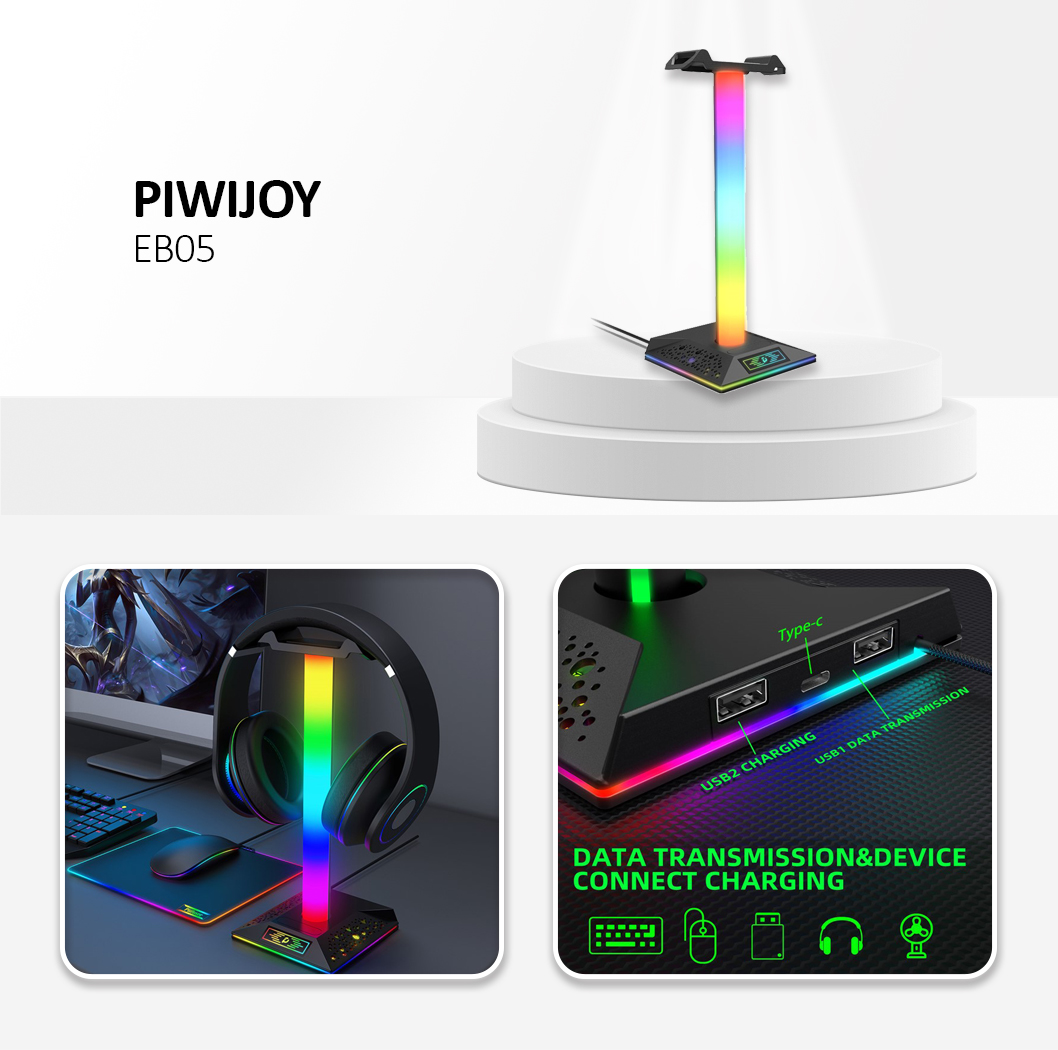 Piwijoy EB05 RGB Gaming Headset Stand with 2 USB Ports, Headphone Holder with 10 Light Modes for Gamers - Black Black
