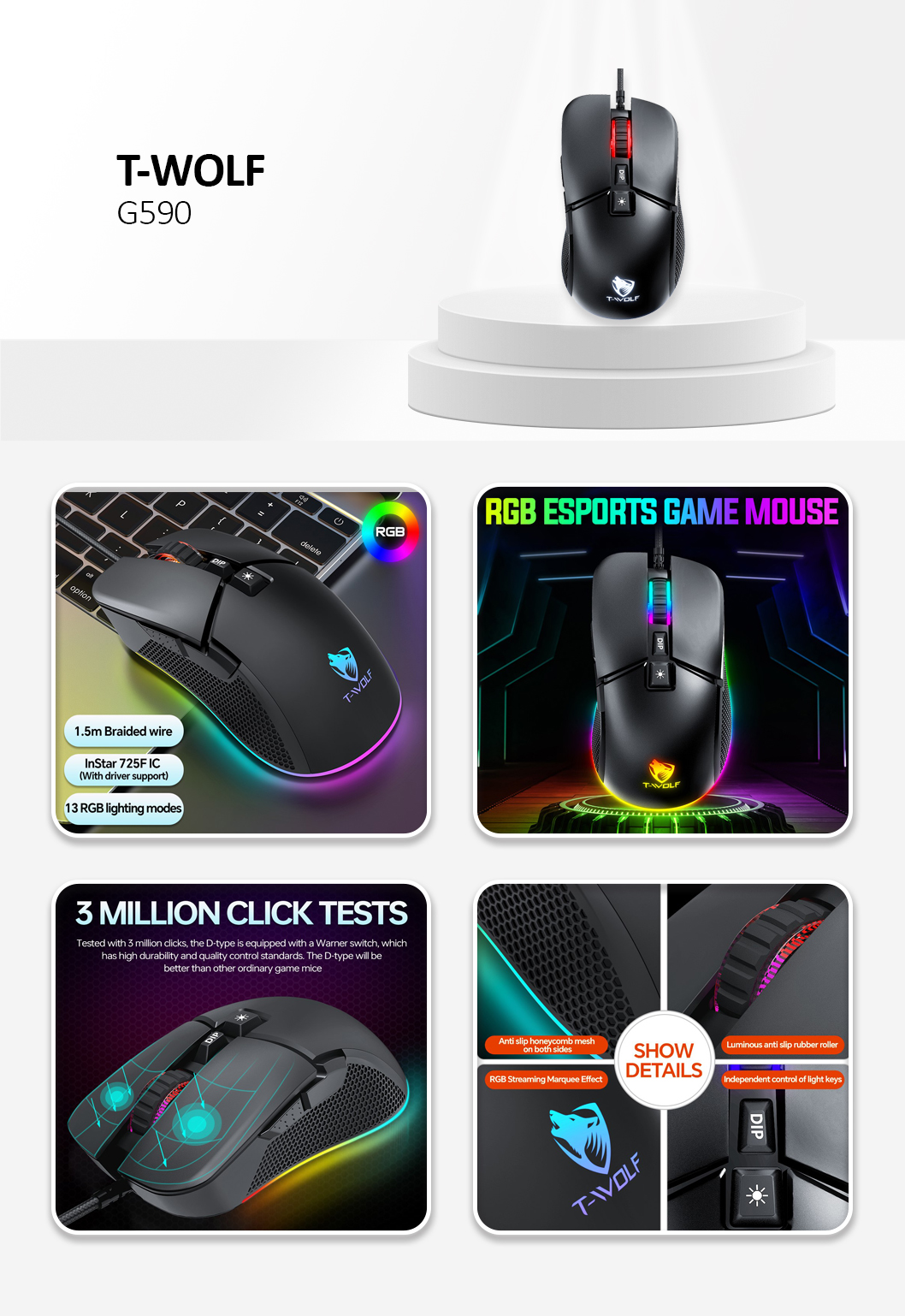 T-Wolf G590 Wired RGB Gaming Mouse 800-7200DPI Effortless E-Sports Mice Black