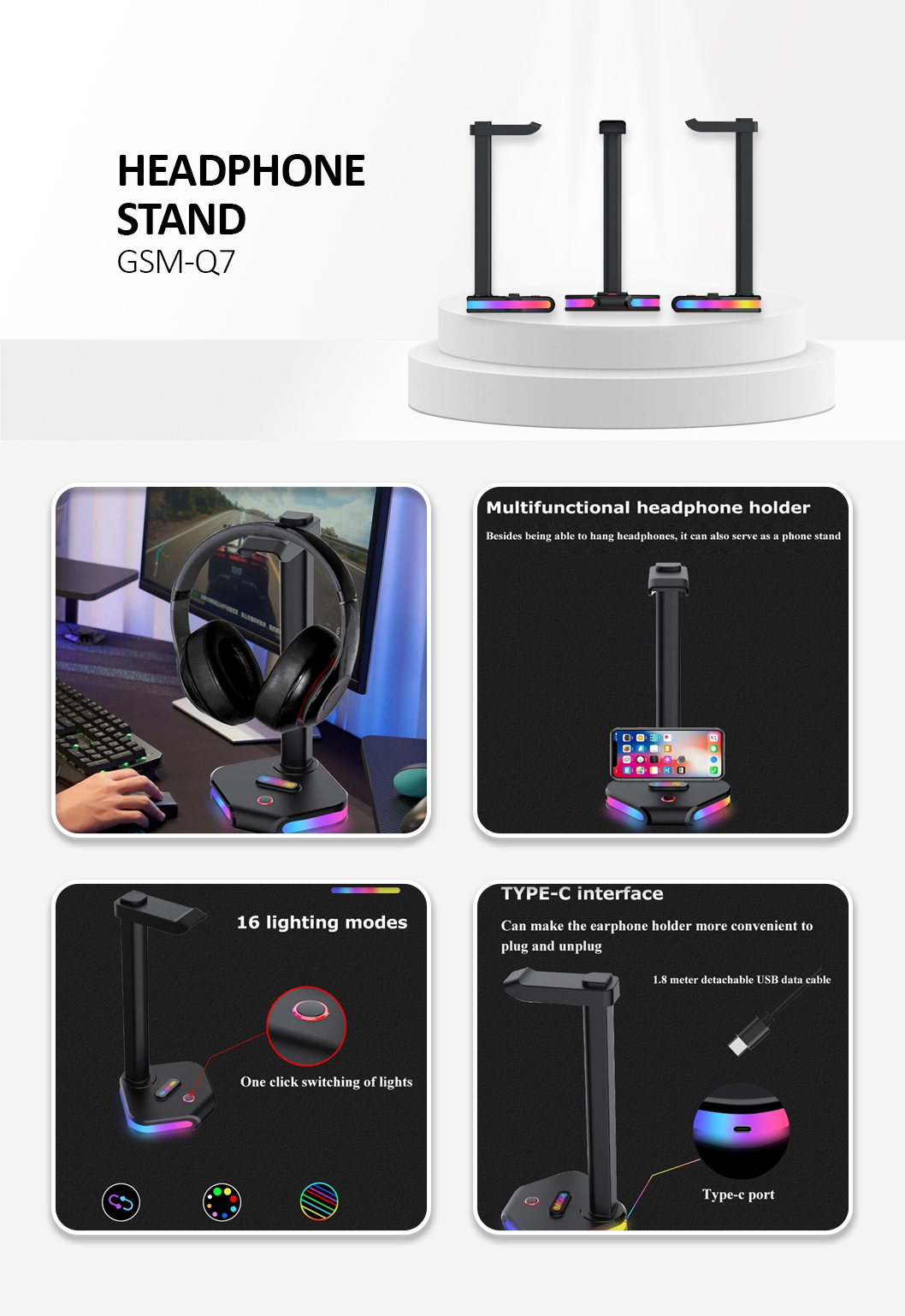 Q7 Headphone Desktop Stand Gaming Headset Holder Display Rack with RGB Light Black
