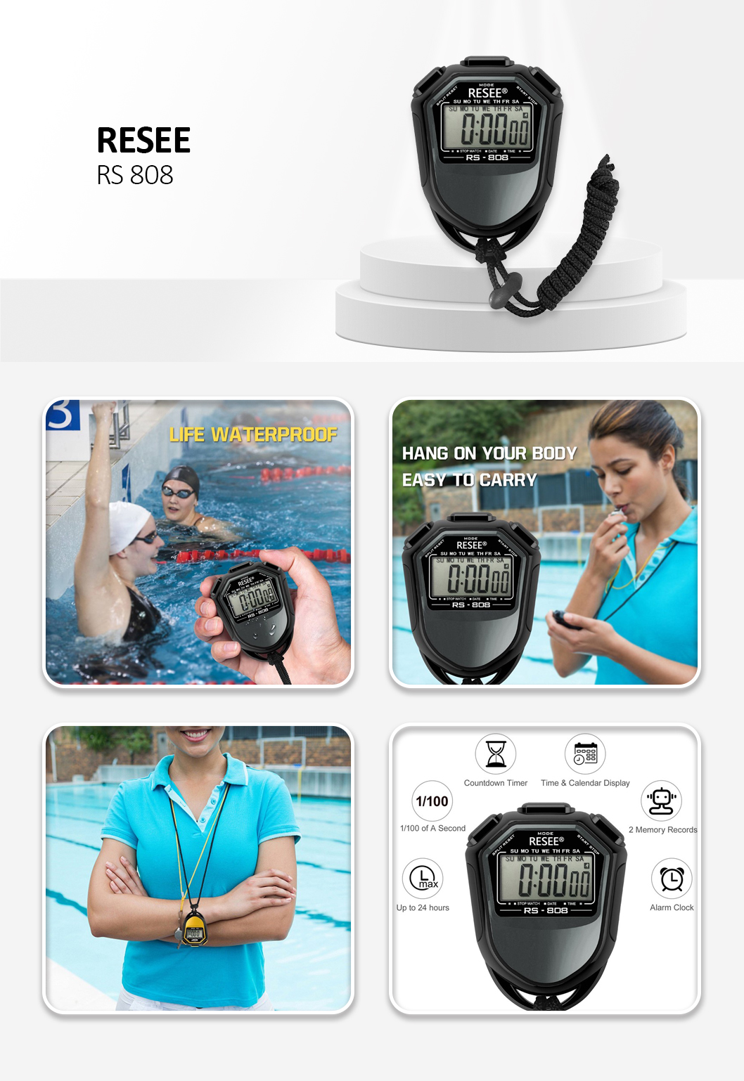 Resee RS-808 Handheld Stopwatch LCD Screen Timer Swimming Running Sports Chronograph Counter with Lanyard Black