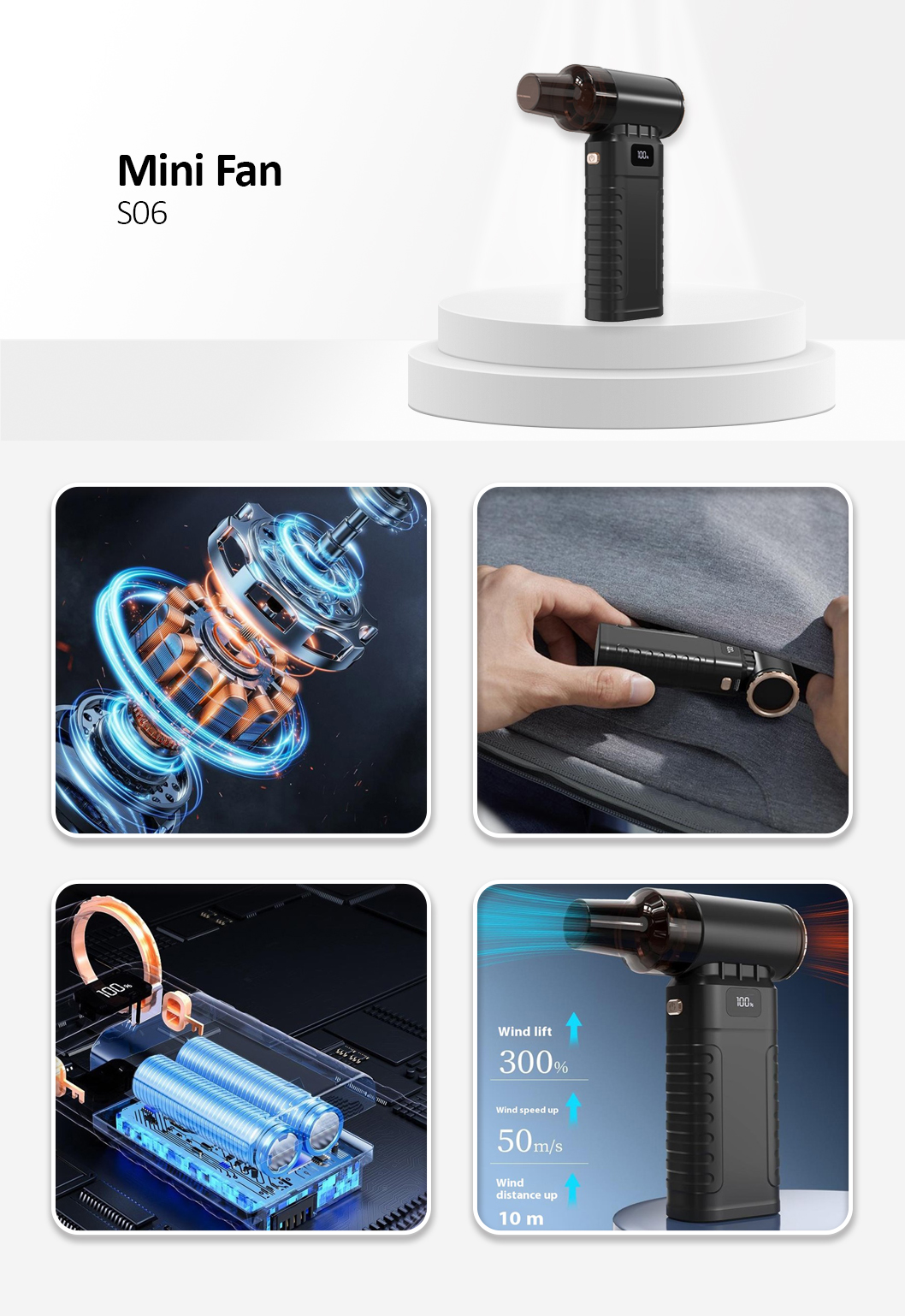 Handheld USB Rechargeable Mini Fan Portable Wireless Dust Blower for Car  /  Home 90000RPM High Speed Turbo - Black