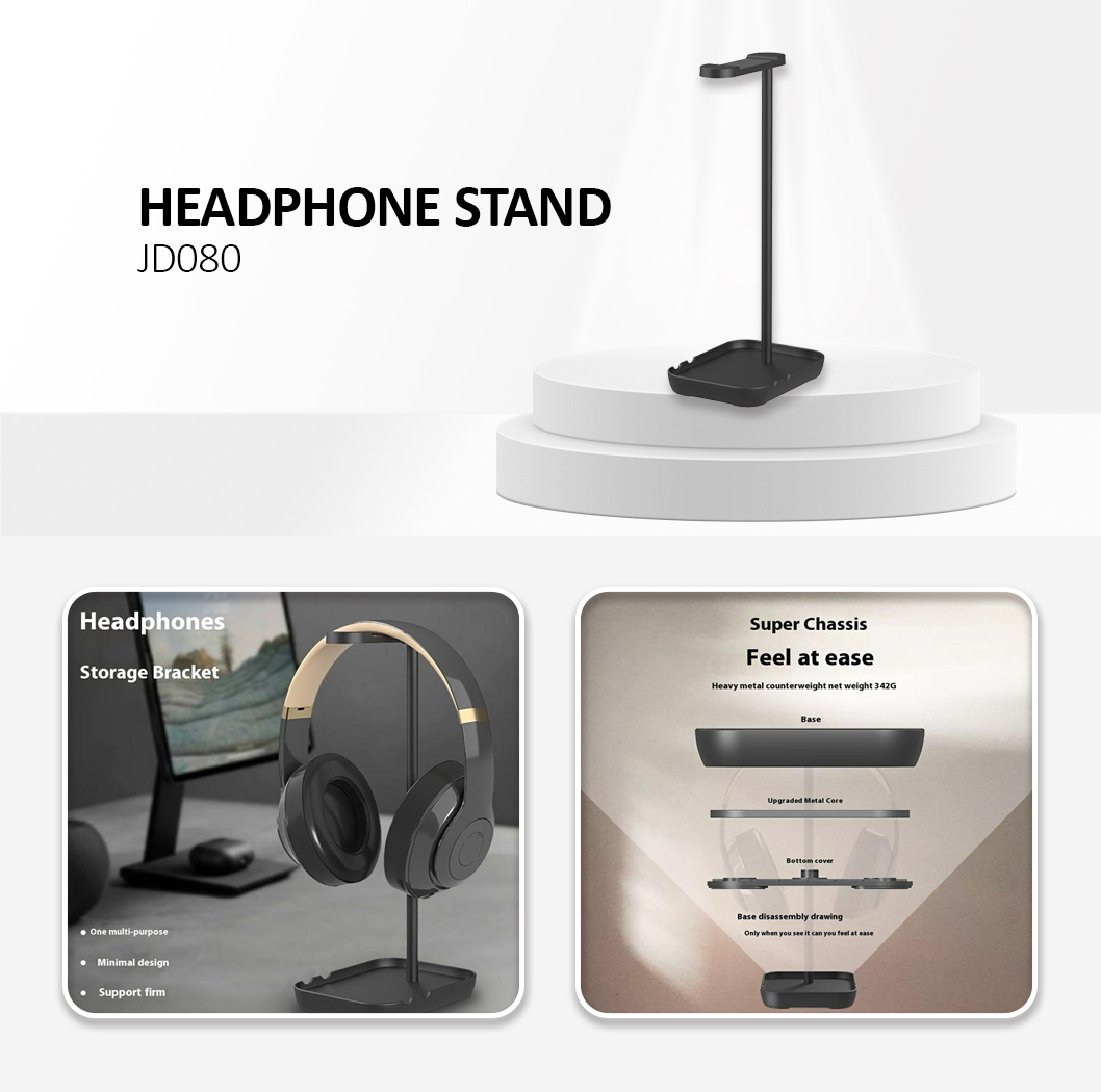 JD080 Detachable Headphone Stand Aluminum Alloy Gaming Headset Phone Holder Rack - Black