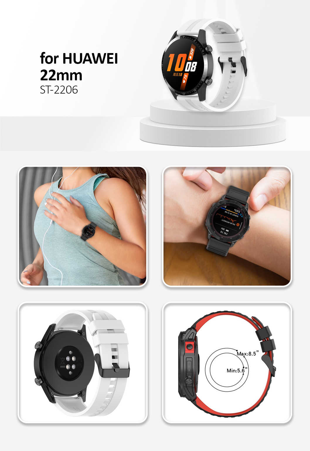 22mm Silicone Smart Watch Bands for Huawei Watch Buds / Watch 3 Pro New, Wrist Strap Watchband Replacement - White