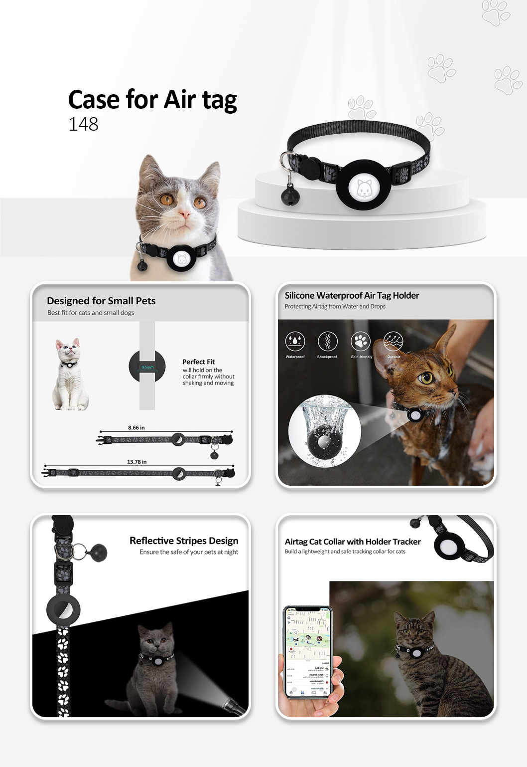 For AirTag Silicone Case Paw Pattern Reflective Pet Collar GPS Tracker Protective Cover with Bell,with Front Back Film Set Black