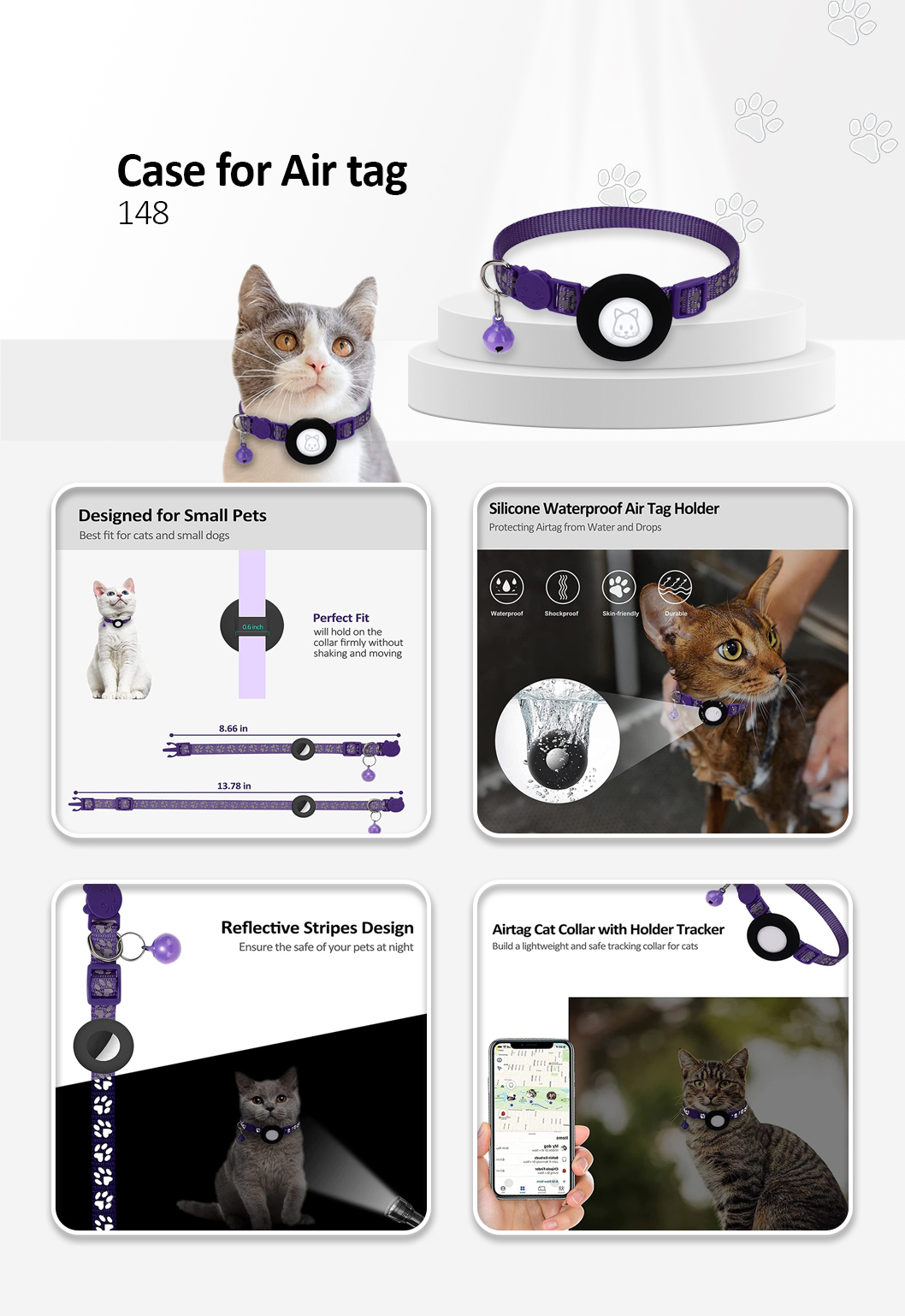 For AirTag Silicone Case Paw Pattern Reflective Pet Collar GPS Tracker Protective Cover with Bell, with Front Back Film Set - Pu