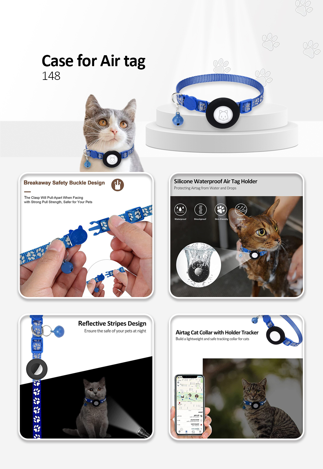 For AirTag Silicone Case Paw Pattern Reflective Pet Collar GPS Tracker Protective Cover with Bell, with Front Back Film Set Blue