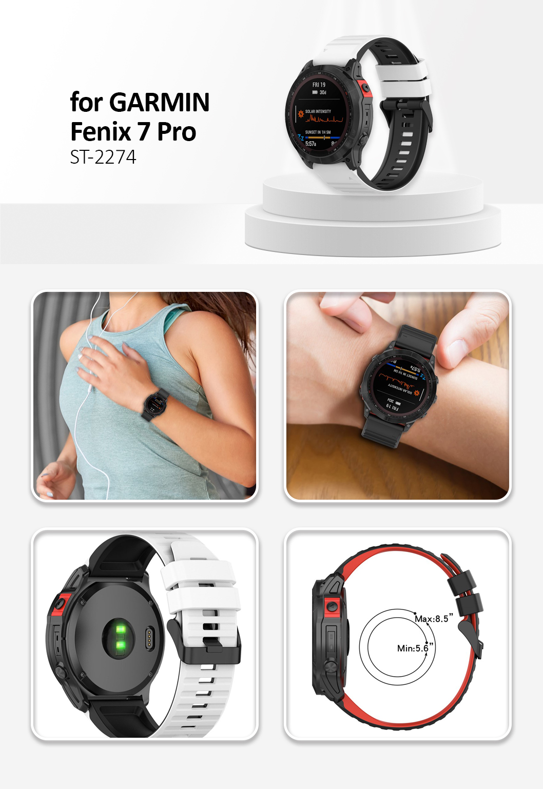 For Garmin Fenix 7 Pro  Silicone Watch Bands Dual-color Horizontal Stripes Wrist Strap - White / Black