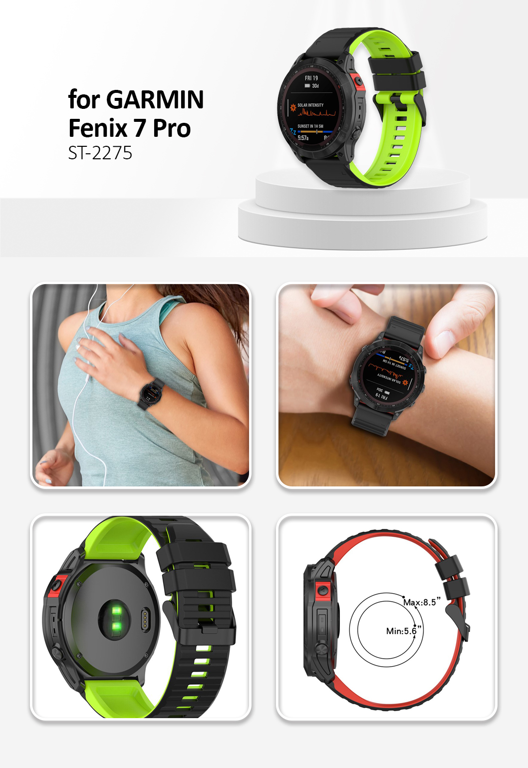 For Garmin Fenix 7 Pro  Silicone Watch Bands Dual-color Horizontal Stripes Wrist Strap - Black / Lime