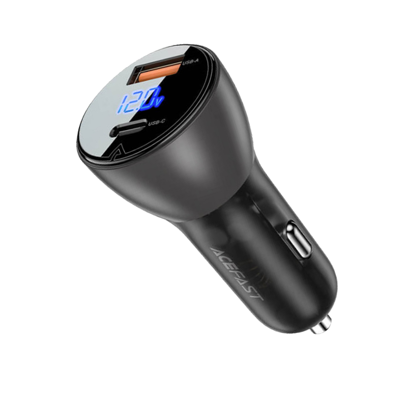 B6 Metal Car Charger 63W (USB-A+USB-C) With Digital Display Tranparent Black