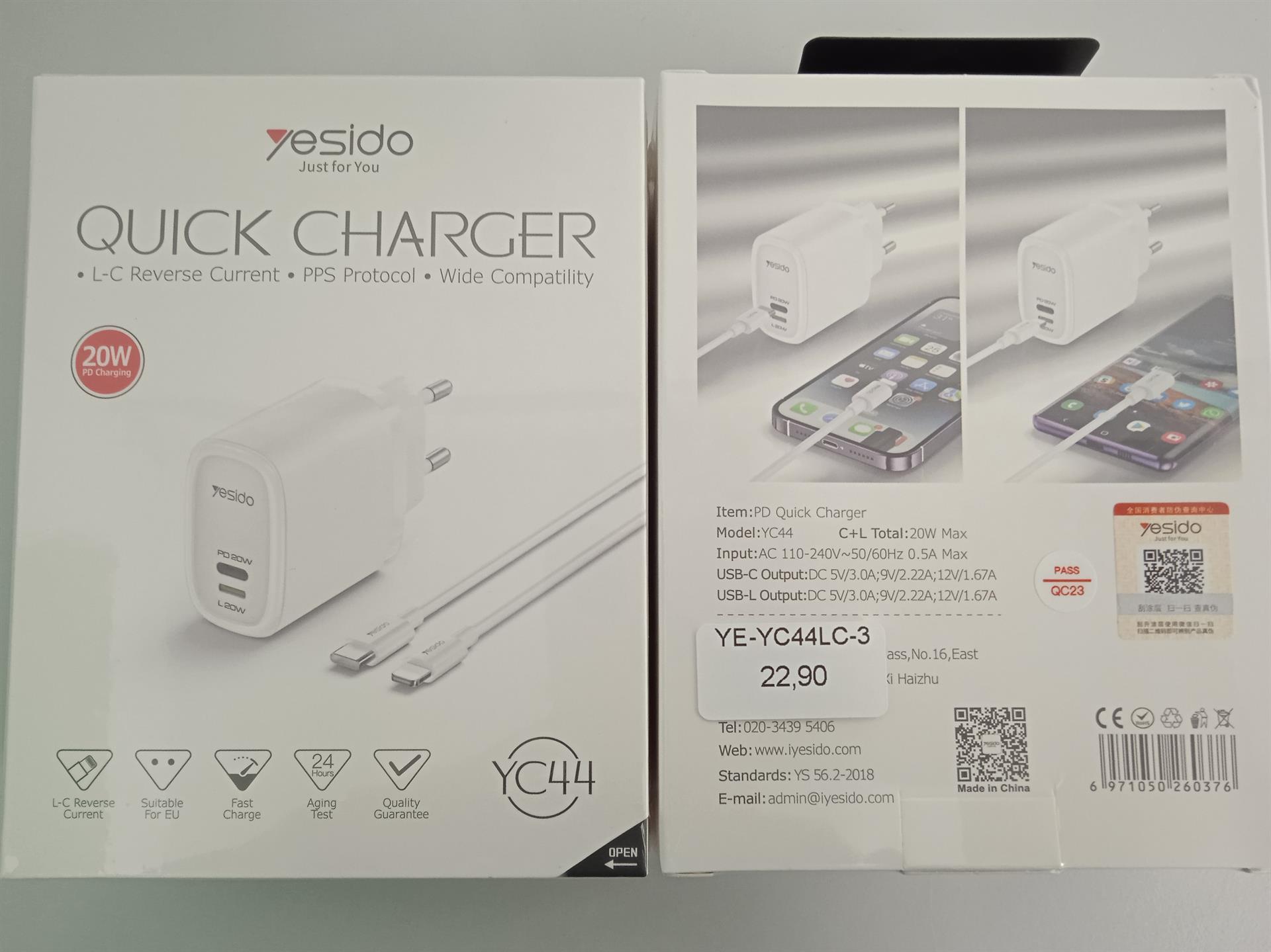 YC44 Quick Charger Lightning to Type-c 20W White
