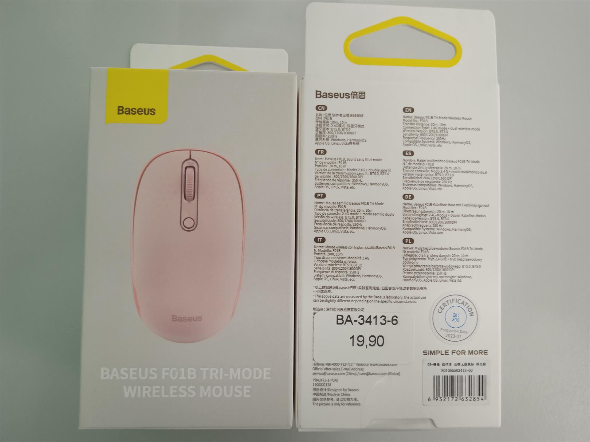 KF2315830 Baseus - Wireless Mouse Tri-Mode F01B (B01055503413-00) - Bluetooth 5.0, 2.4G, 1600 DPI - Baby Pink