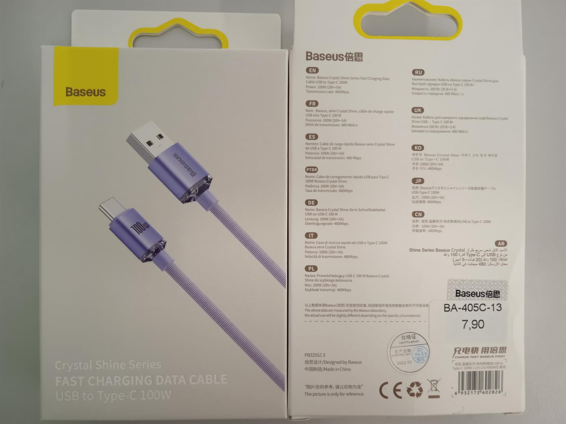 Baseus - Data Cable Crystal Shine (CAJY000405) - USB to Type-C, 100W, 1.2m - Purple