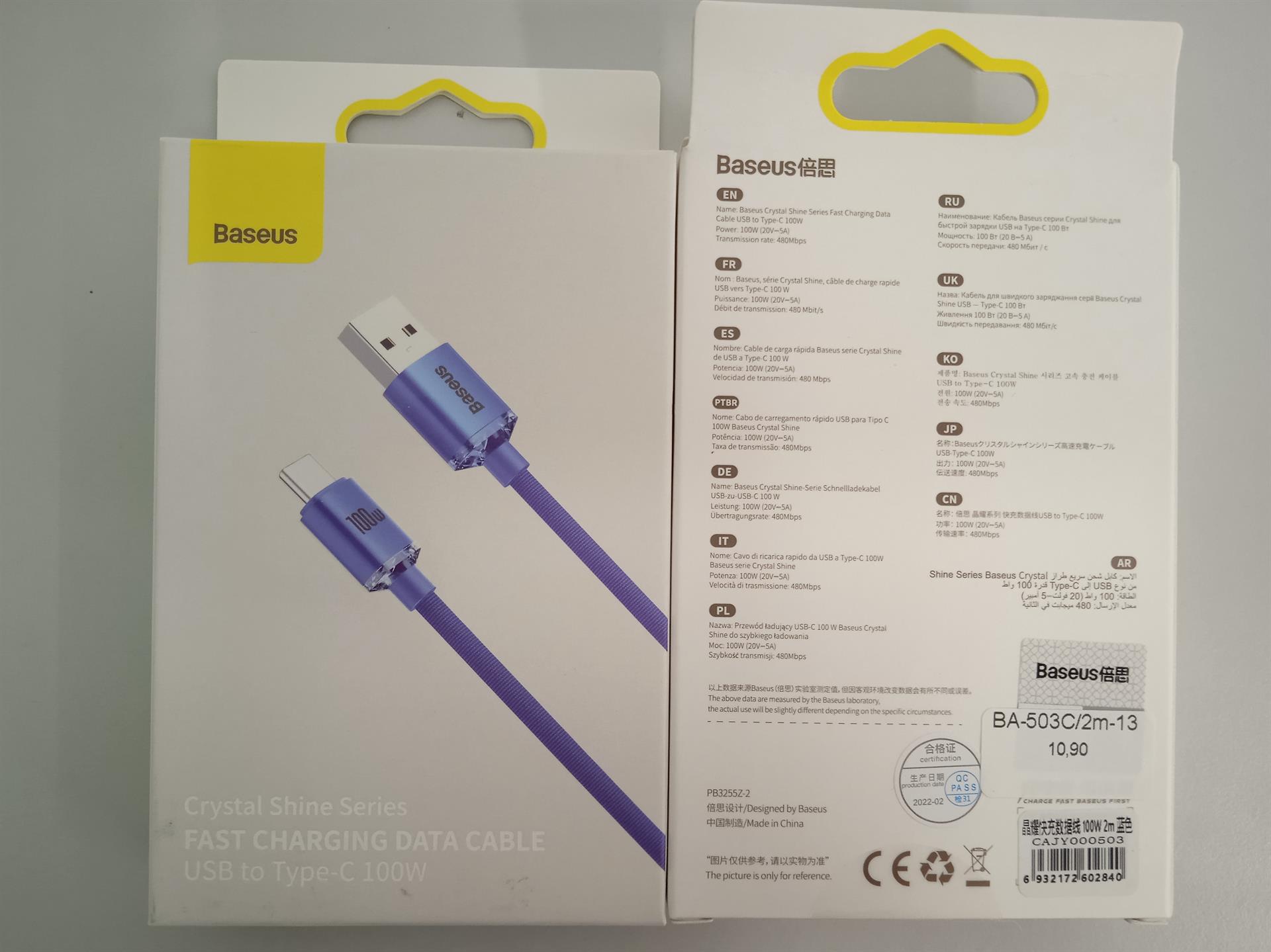 Baseus - Data Cable Crystal Shine (CAJY000503) - USB to Type-C, 100W, 2m - Blue