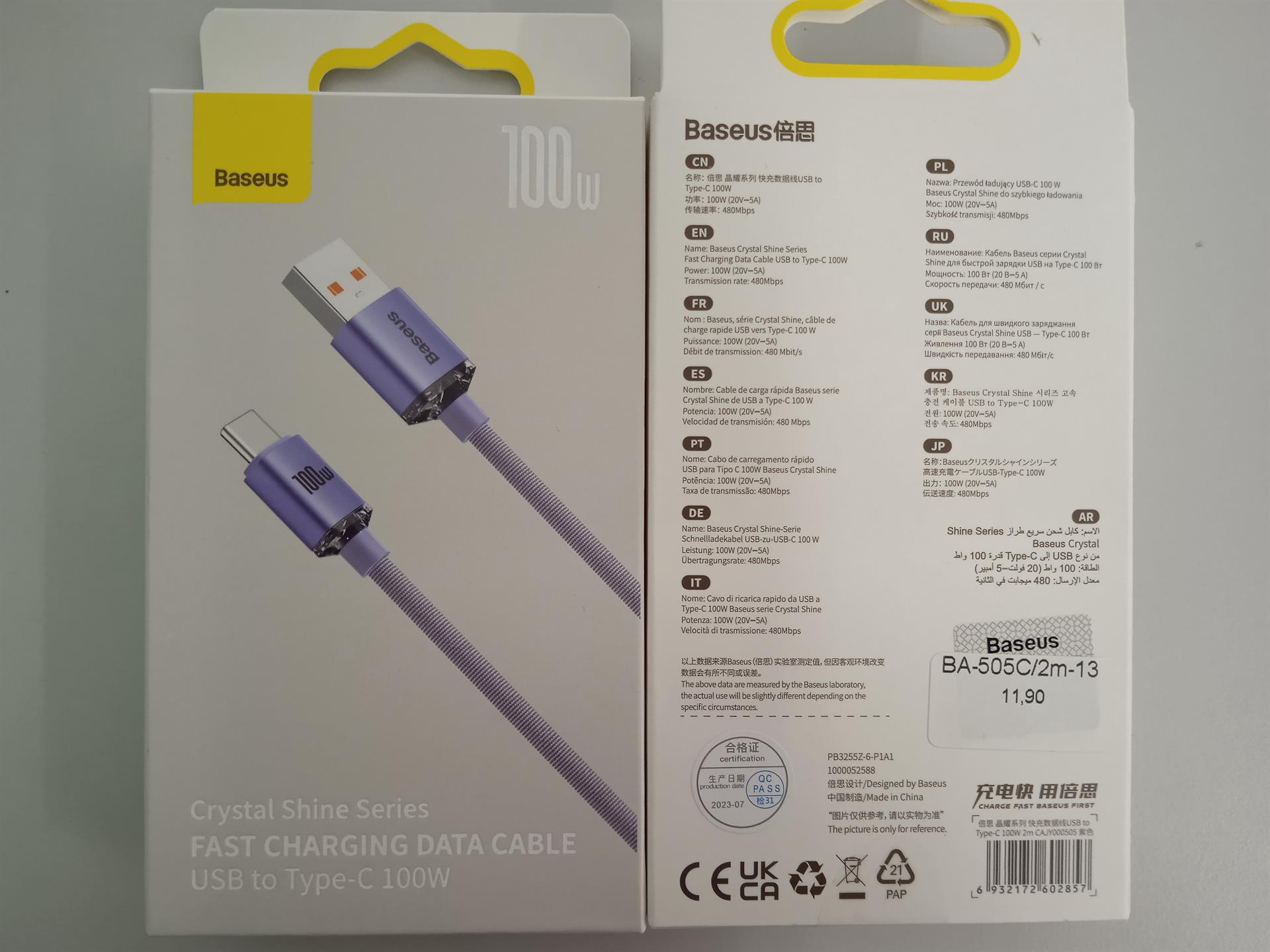 Baseus - Data Cable Crystal Shine (CAJY000505) - USB to Type-C, 100W, 2m - Purple