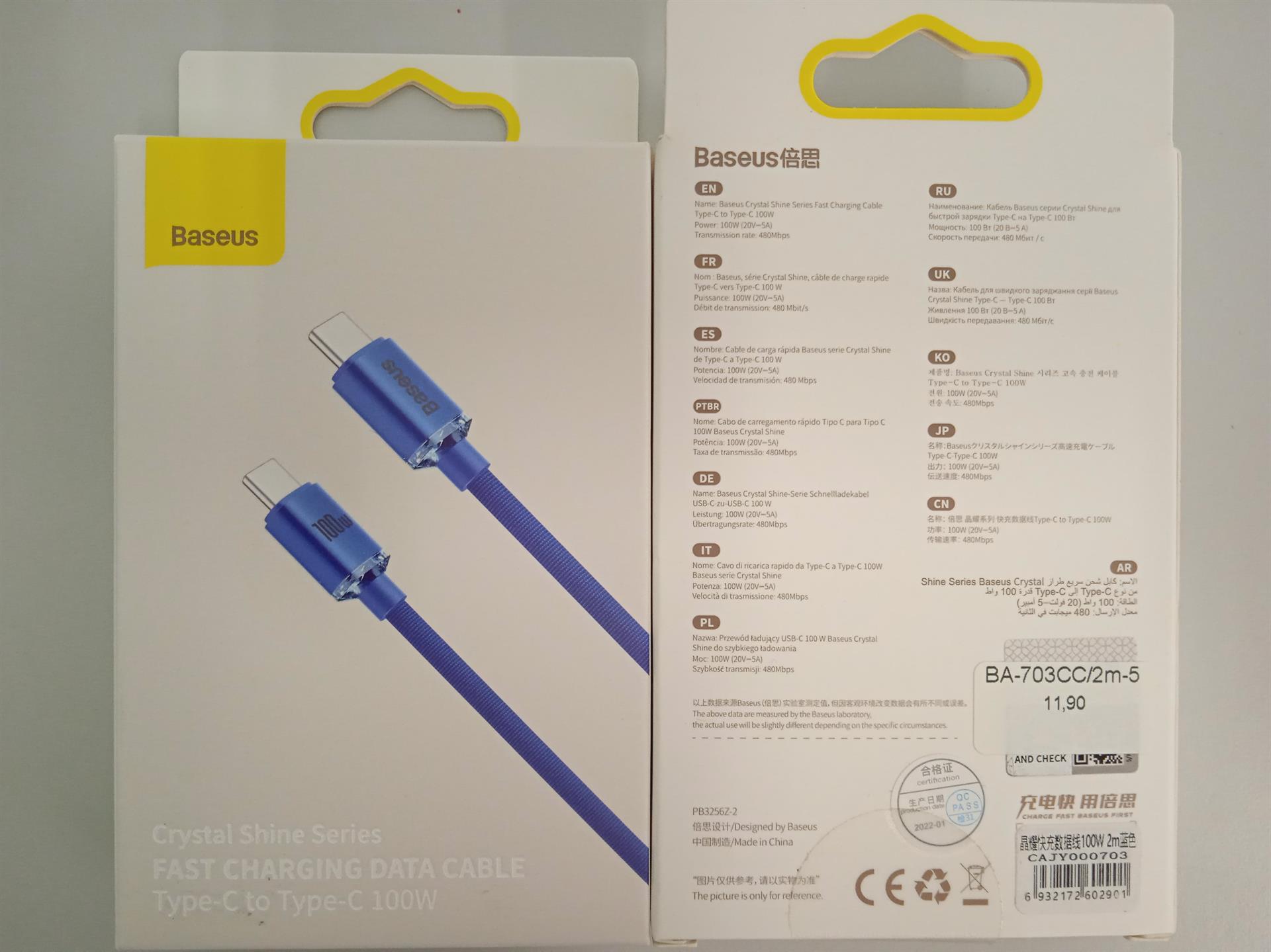 Baseus - Data Cable Crystal Shine (CAJY000703) - Type-C to Type-C, 100W, 2m - Blue