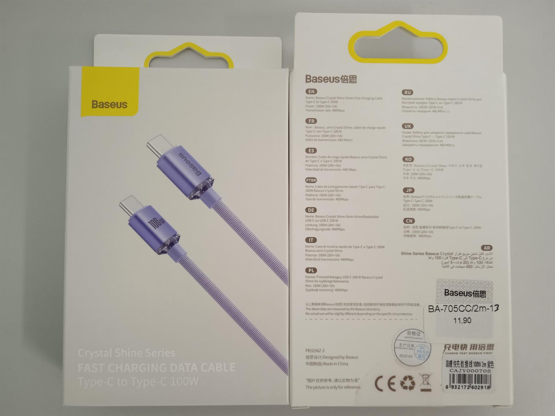 Baseus - Data Cable Crystal Shine (CAJY000705) - Type-C to Type-C, 100W, 2m - Purple