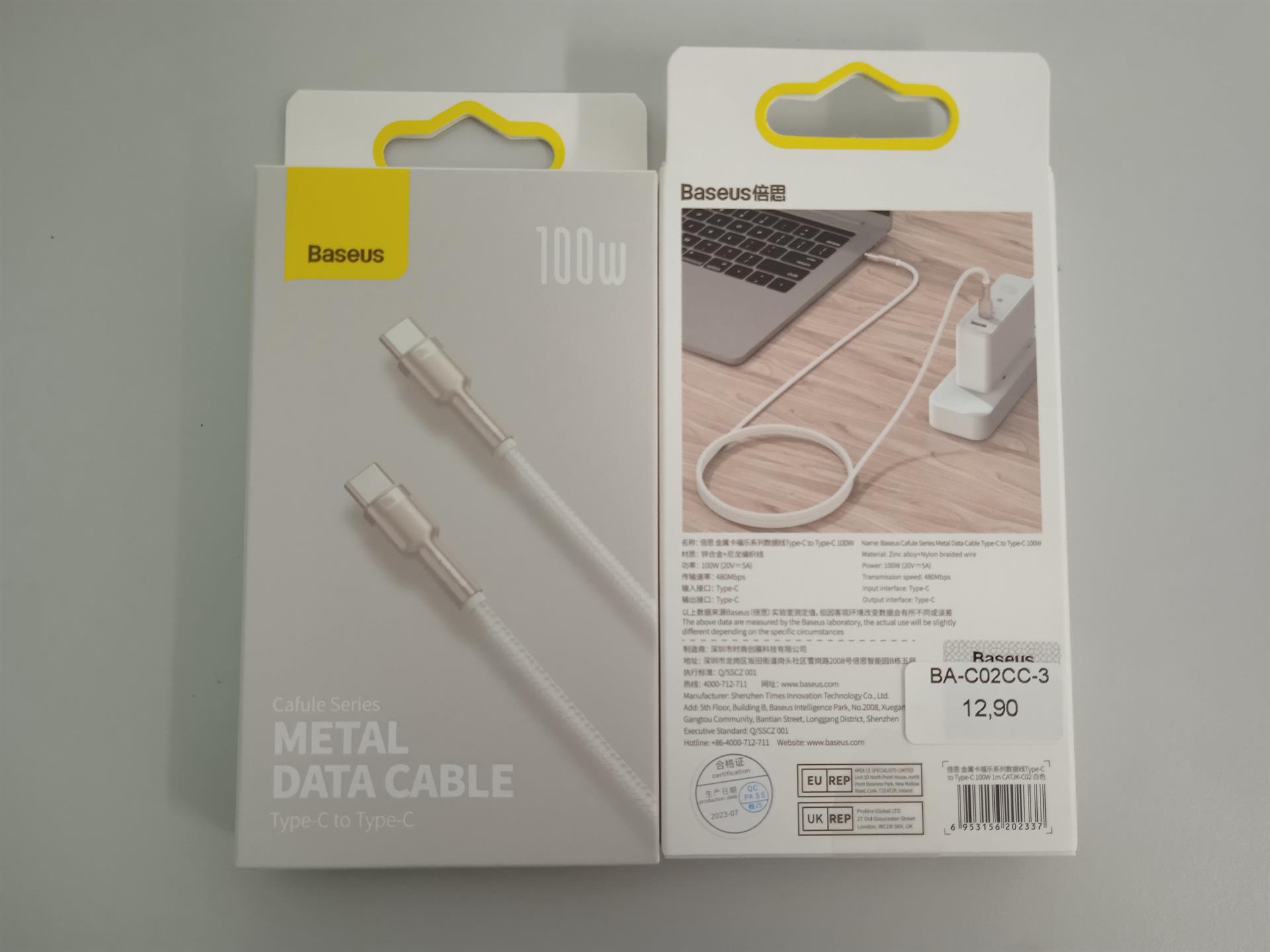 Baseus - Data Cable Cafule Series Metal (CATJK-C02) - Type-C to Type-C, Super Fast Charge, 100W, 480Mbps, 20V, 5A, 1m - White