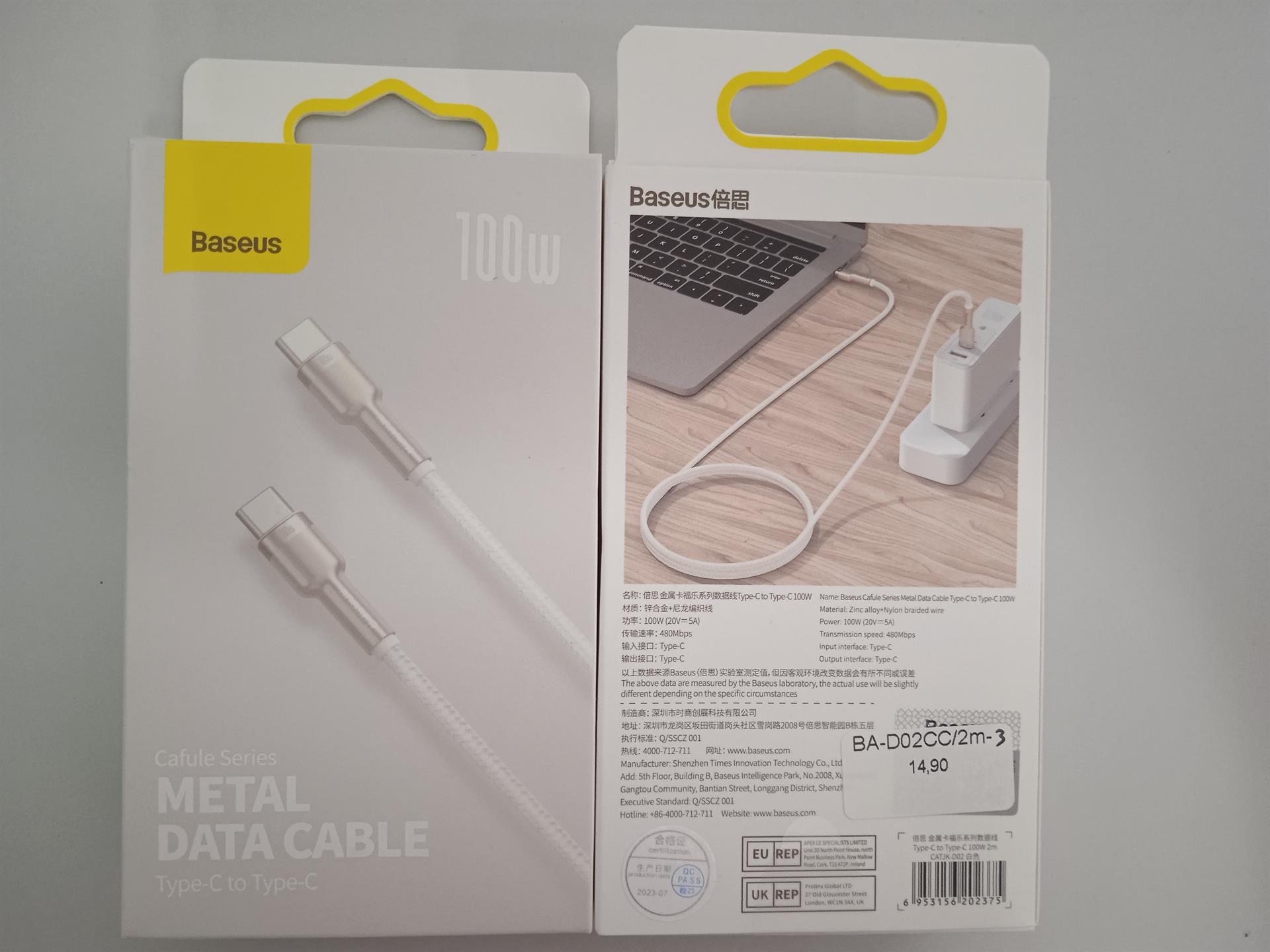 Baseus - Data Cable Cafule Series Metal (CATJK-D02) - Type-C to Type-C, Super Fast Charge, 100W, 480Mbps, 20V, 5A, 2m - White