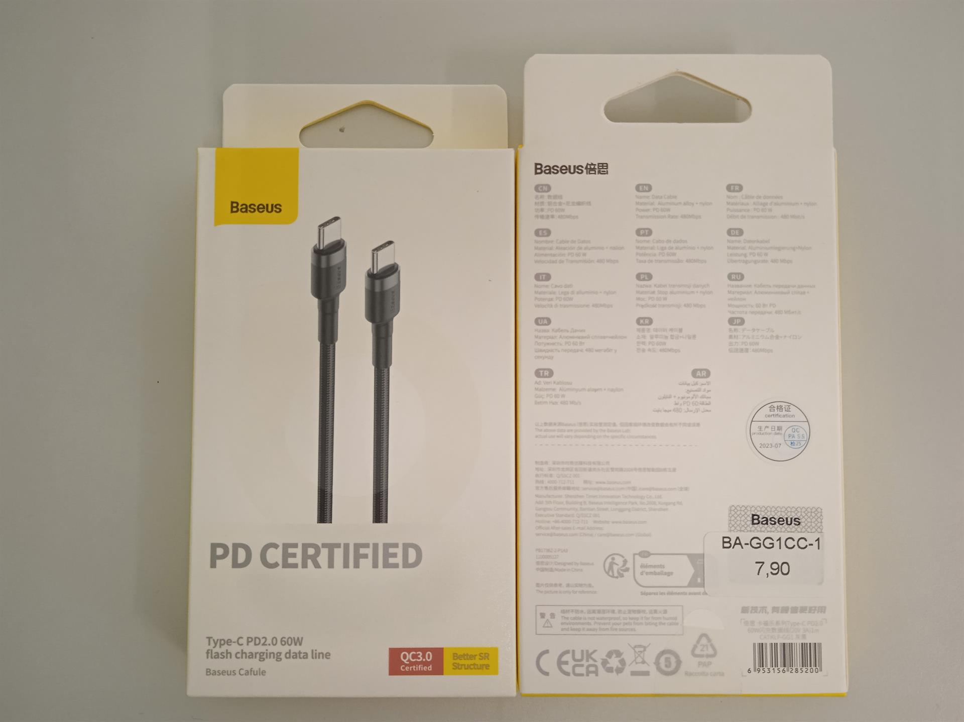 Baseus - Data Cable Cafule (CATKLF-GG1) - Type-C to Type-C 480Mbps, PD2.0, 60W, 3A, 1m - Black