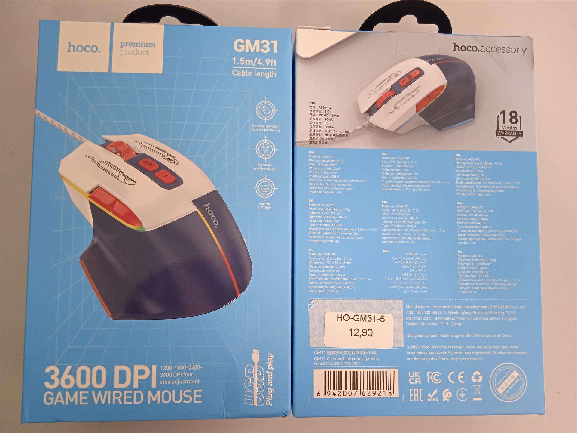 HOCO Gaming Wire USB A Computer Mouse 3600DPI White Blue
