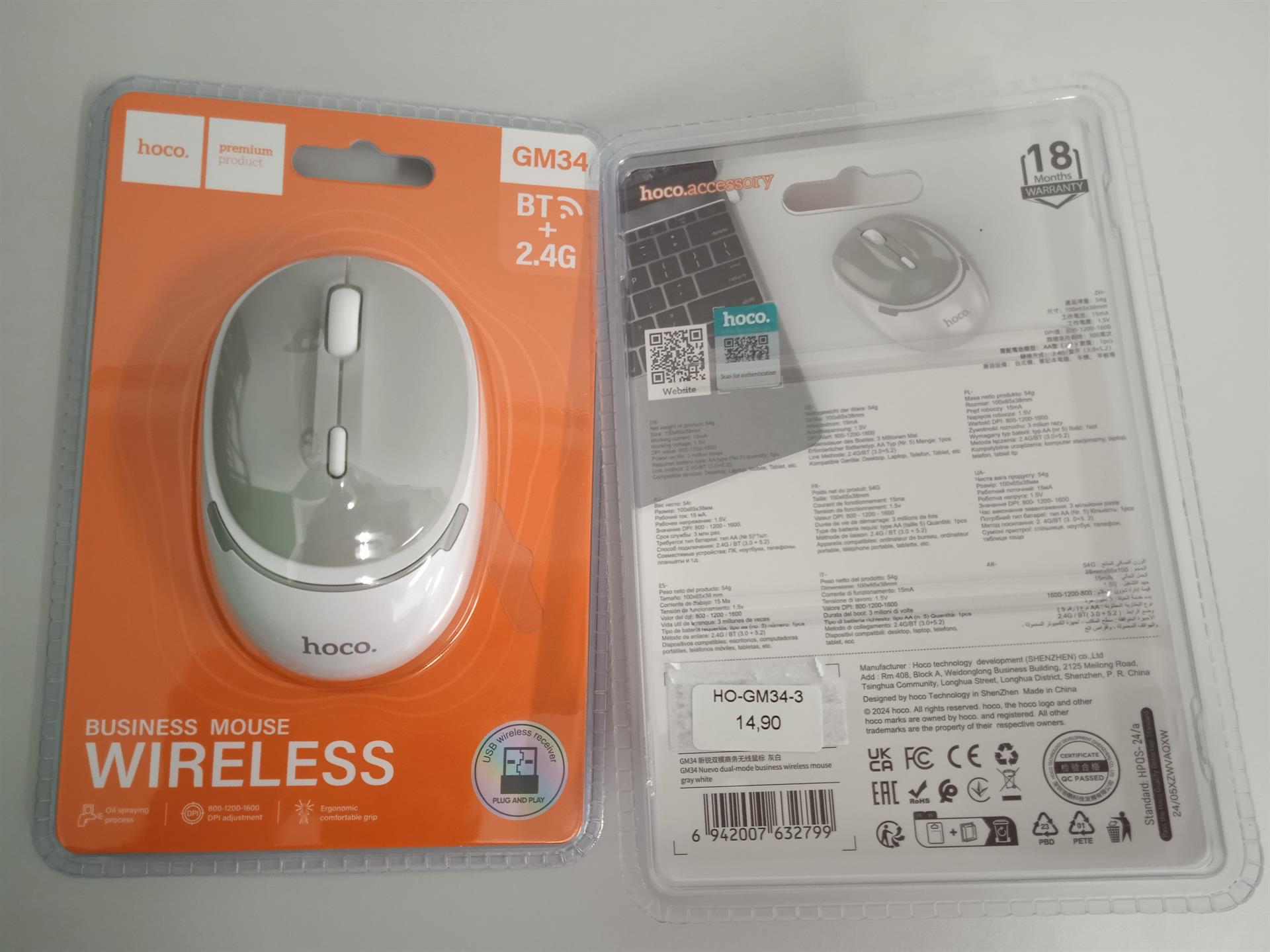 HOCO Computer Wireless Mouse 2,4G 1600 dpi GM34 Gray White
