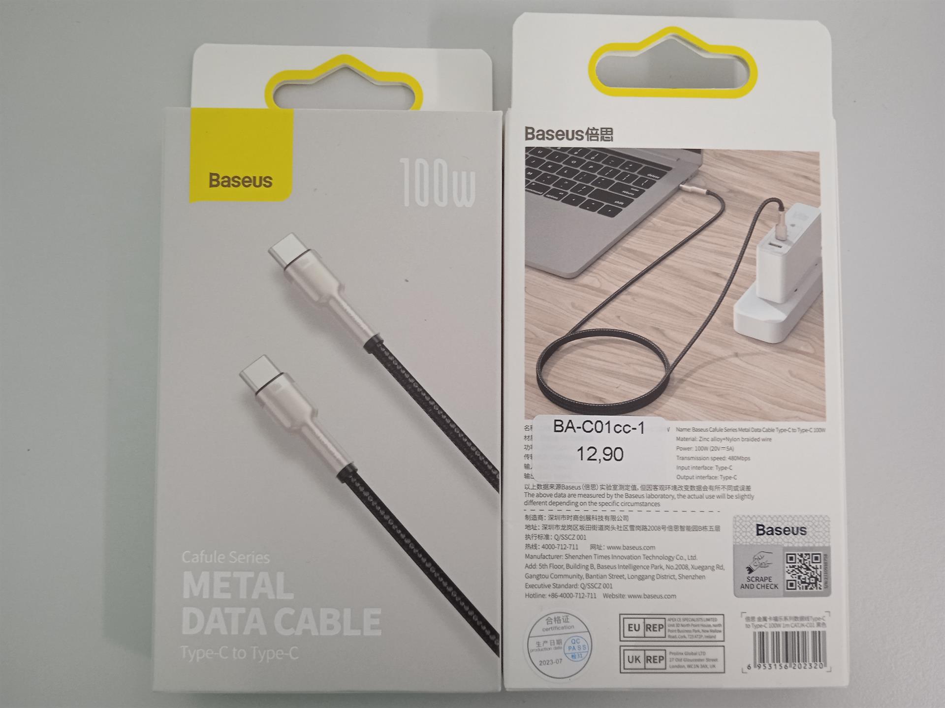 Baseus - Data Cable Cafule Series Metal (CATJK-C01) - Type-C to Type-C, Super Fast Charge, 100W, 480Mbps, 20V, 5A, 1m - Black