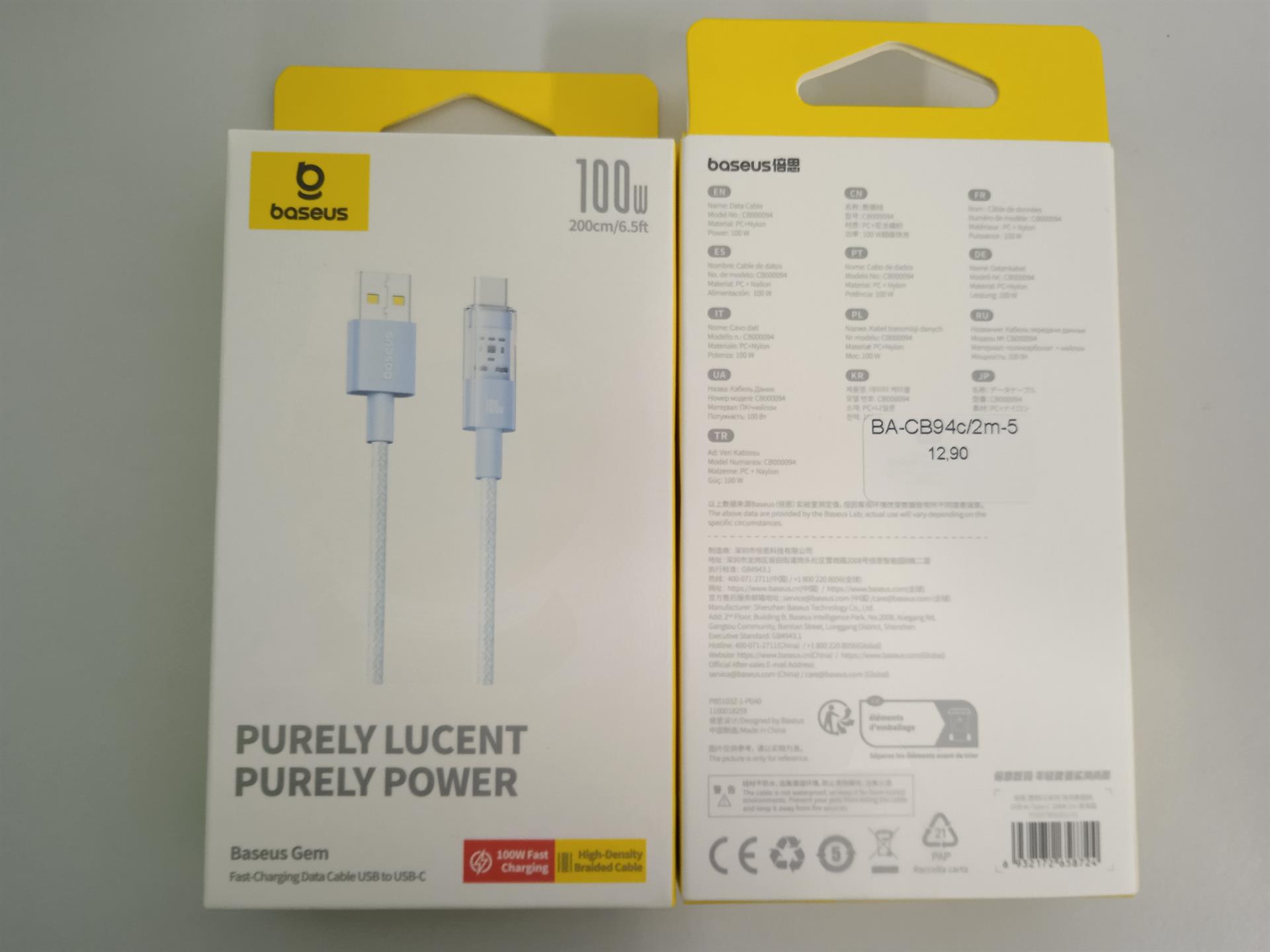 Baseus - Data Cable Gem (P10373002311-01) - USB to Type-C, Super Fast Charging 100W, 2m - Galaxy Blue