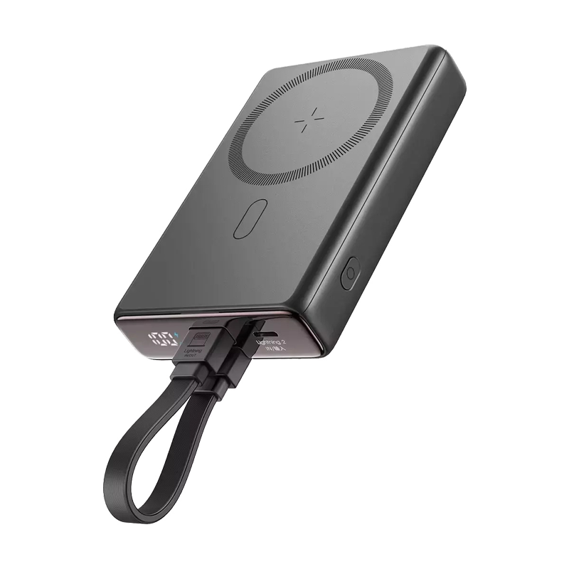 20W Magnetic Wireless Power Bank with Built-in Cable & Kickstand 10000mAh, Black Color