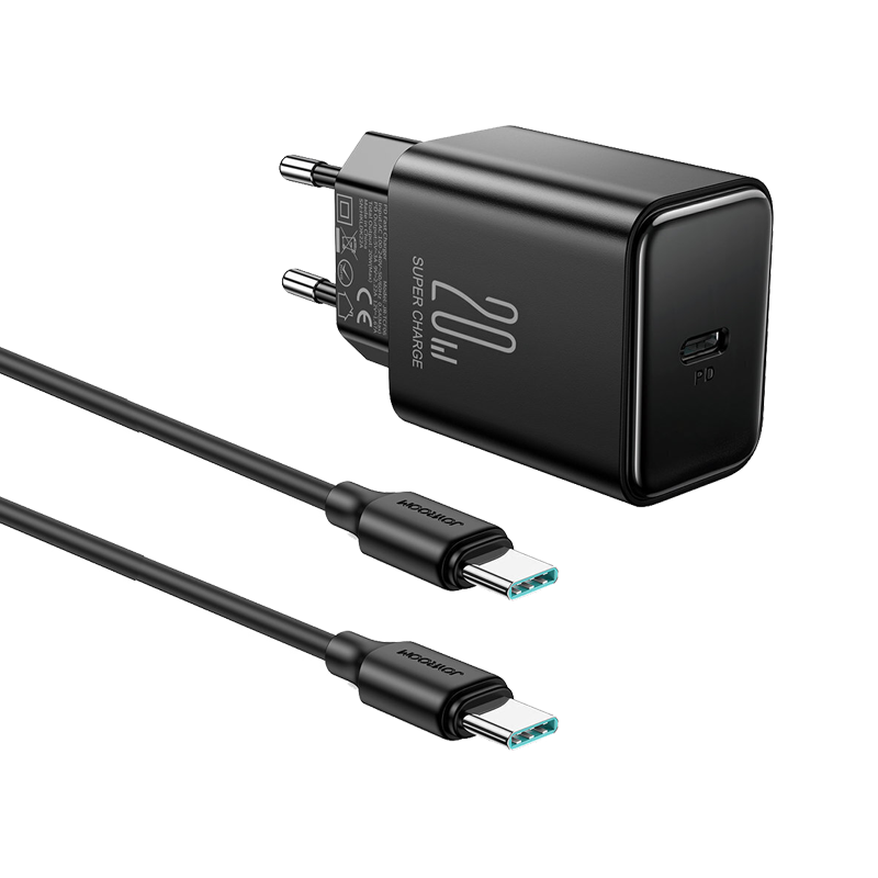 PD 20W Single-Port Charger (EU)+60W C to C Cable 1m, Black Color