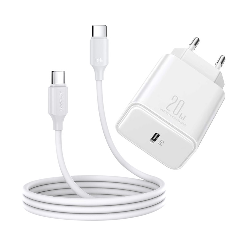 PD 20W Single-Port Charger (EU) +60W C to C Cable 1m, White Color