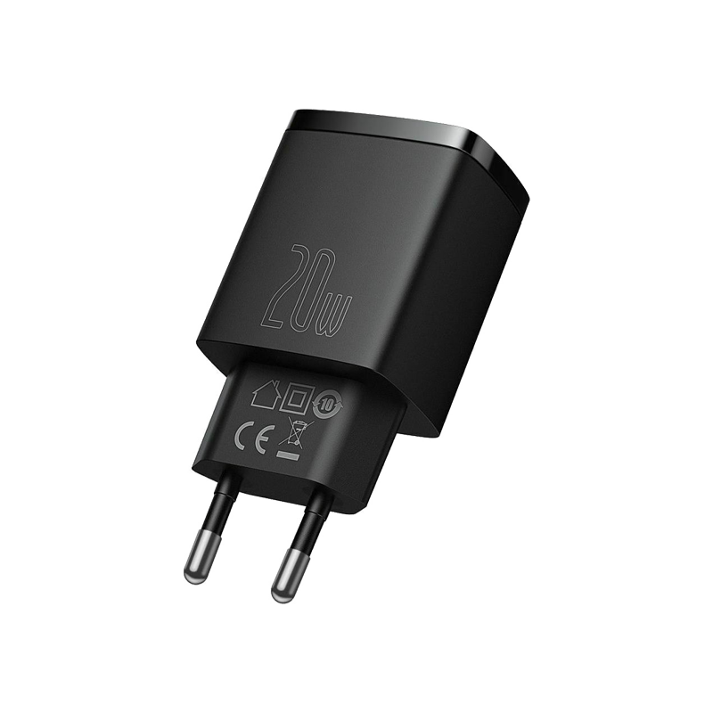 BASEUS Palm USB+Type-C Dual Port 20W Fast Charger Wall Adapter - Black