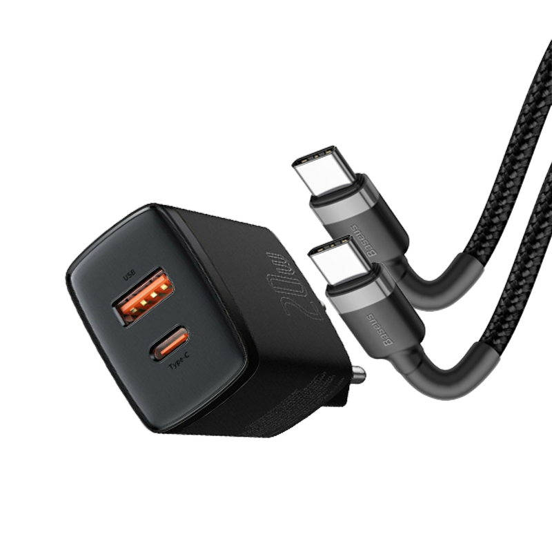 BASEUS Palm USB+Type-C Dual Port 20W Fast Charger with 60W Type-C Cable - Black