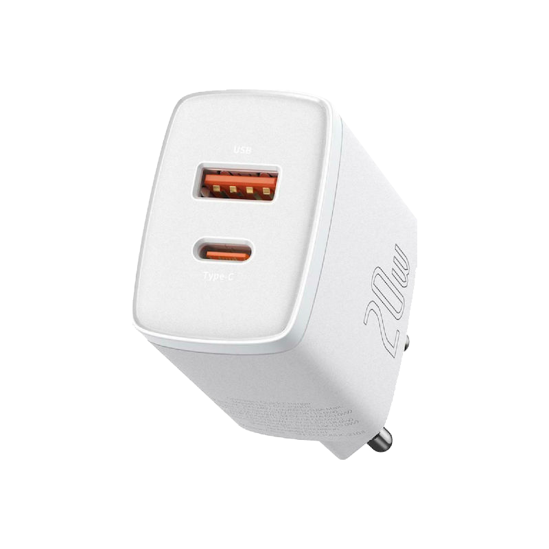 BASEUS Palm USB+Type-C Dual Port 20W Fast Charger Wall  Adapter - White