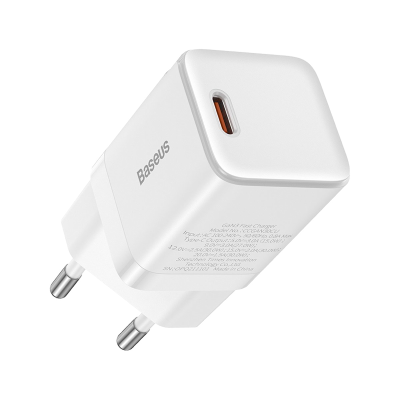 BASEUS Palm Fast Charger 30W Type-C Single Port Portable Wall Charging Adapter - White