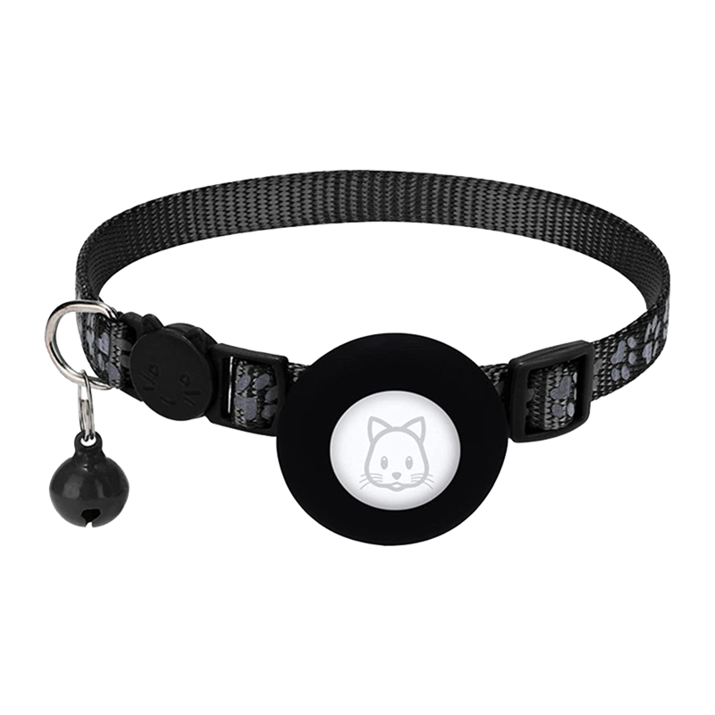For AirTag Silicone Case Paw Pattern Reflective Pet Collar GPS Tracker Protective Cover with Bell,with Front Back Film Set Black