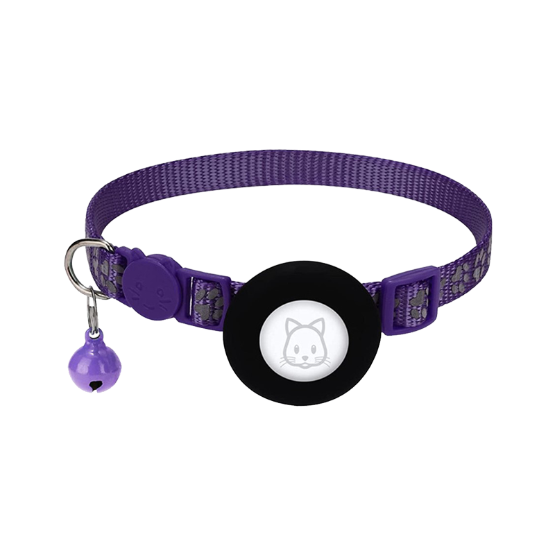 For AirTag Silicone Case Paw Pattern Reflective Pet Collar GPS Tracker Protective Cover with Bell, with Front Back Film Set - Pu