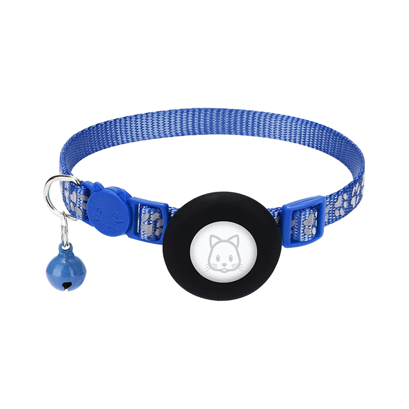 For AirTag Silicone Case Paw Pattern Reflective Pet Collar GPS Tracker Protective Cover with Bell, with Front Back Film Set Blue